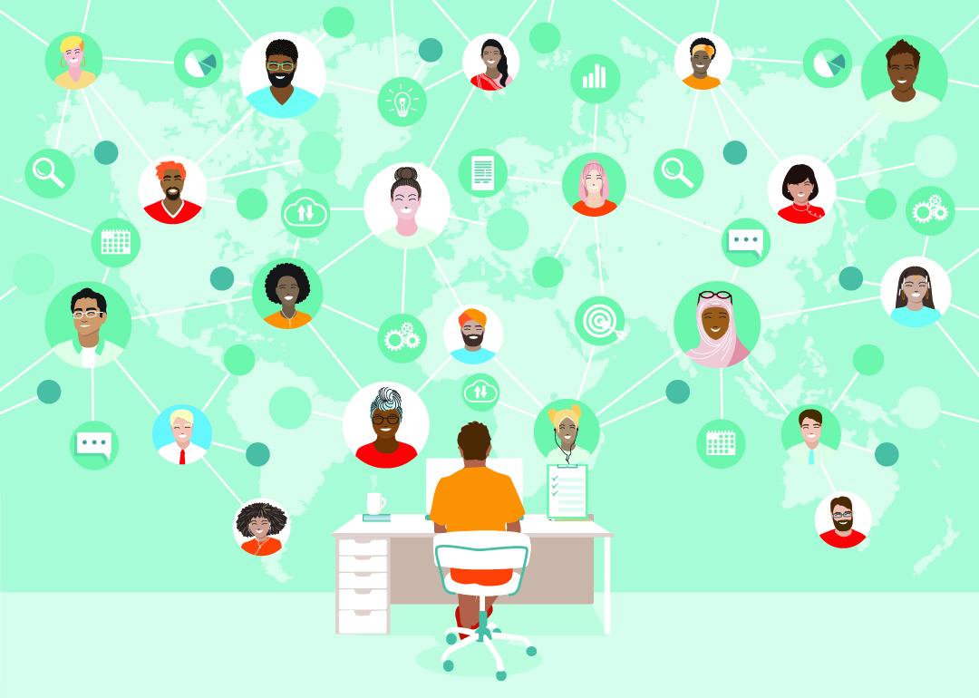 Vector illustration of a network of employees as a concept of virtual remote work.