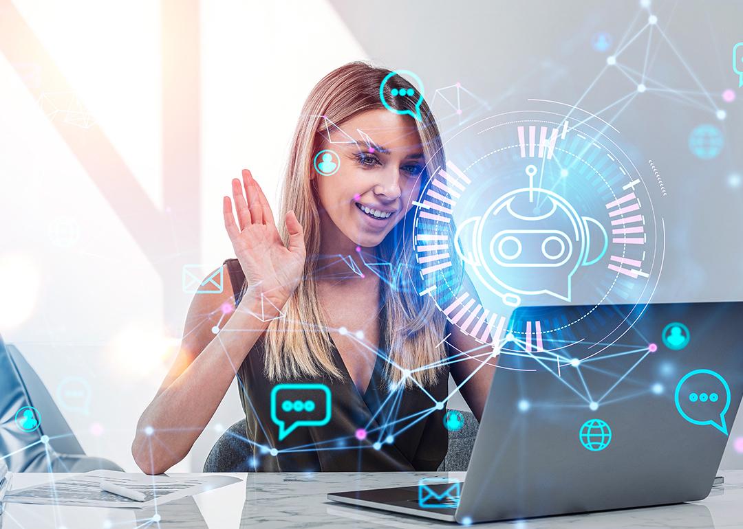 A businesswoman having a virtual call and with illustrations of AI network graphics.