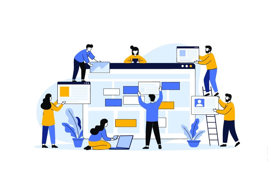 Vector illustration of a business team working together to build an accessible web design project.