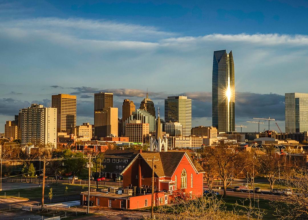 A view of Oklahoma City's skyline during sunset.