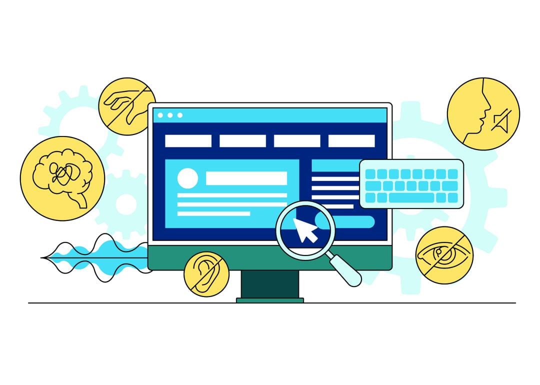 A vector illustration of a monitor with web accessibility graphics.