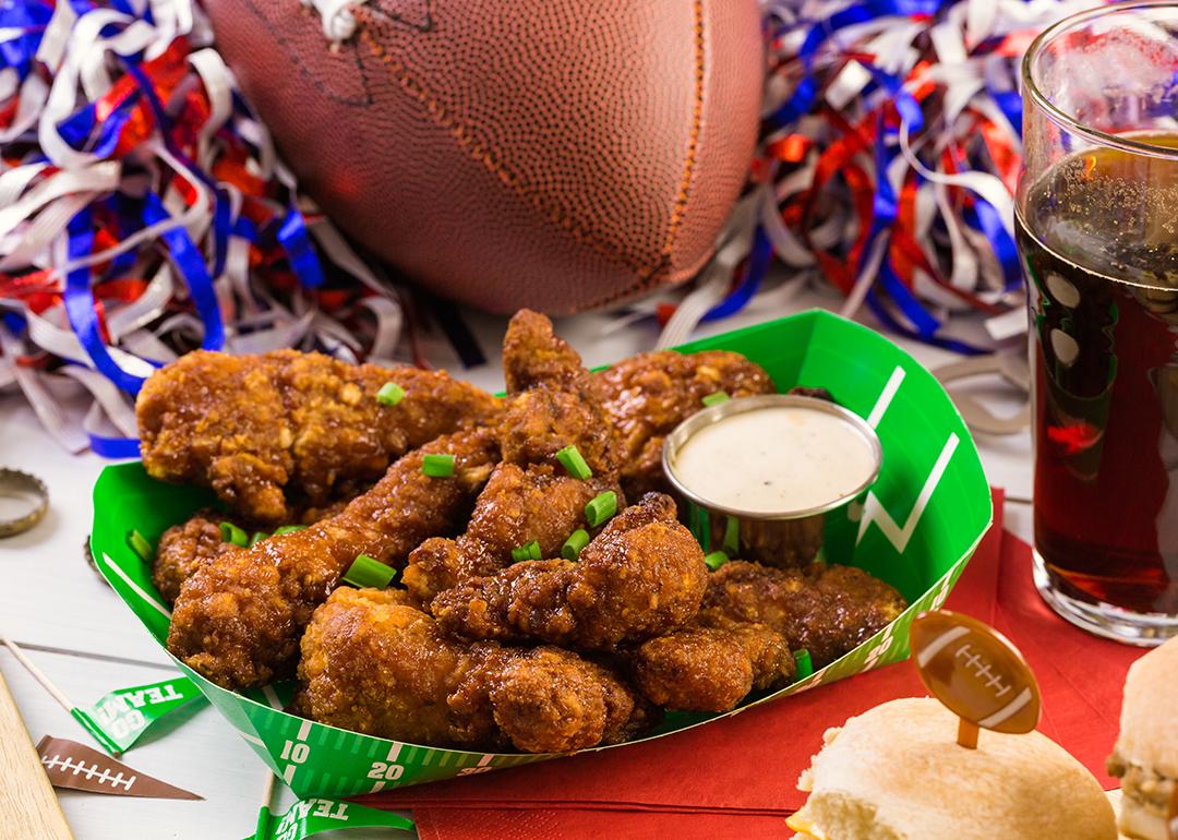 A plate of buffalo chicken wings for a football game day.