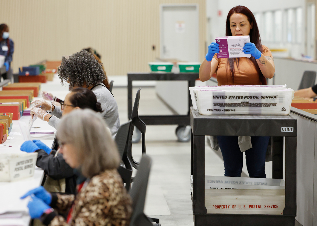 Election workers process ballots at the Los Angeles County Ballot Processing Center in 2025 in City of Industry, California. 