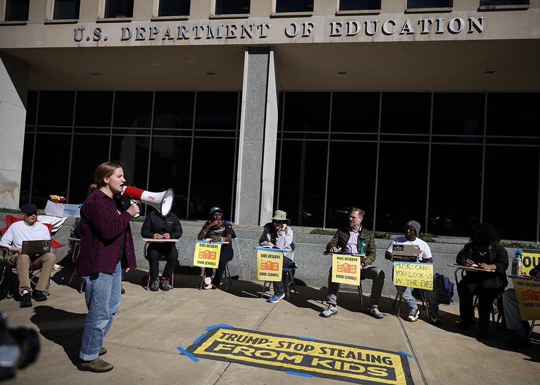 : Protestors participating in a 'study-in' in front of the US Department of Education building on March 21, 2025 in Washington, D.C.