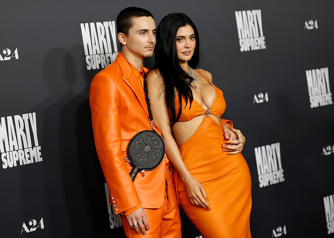 Timothée Chalamet and Kylie Jenner during the Los Angeles premiere of 'Marty Supreme' on December 8, 2025 in Beverly Hills, California.