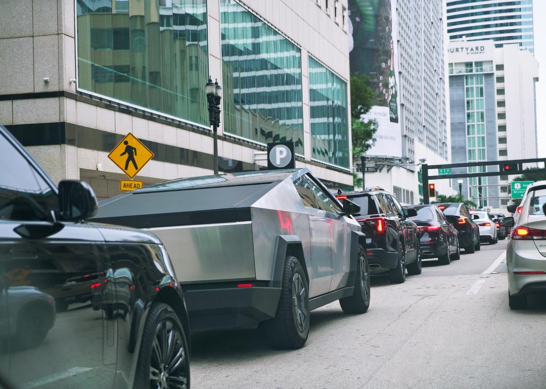 A Tesla Cybertruck stuck in a traffic in downtown Miami.