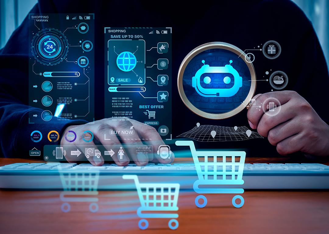 Person shopping online using a computer illustrated with AI shopping and technology graphics.