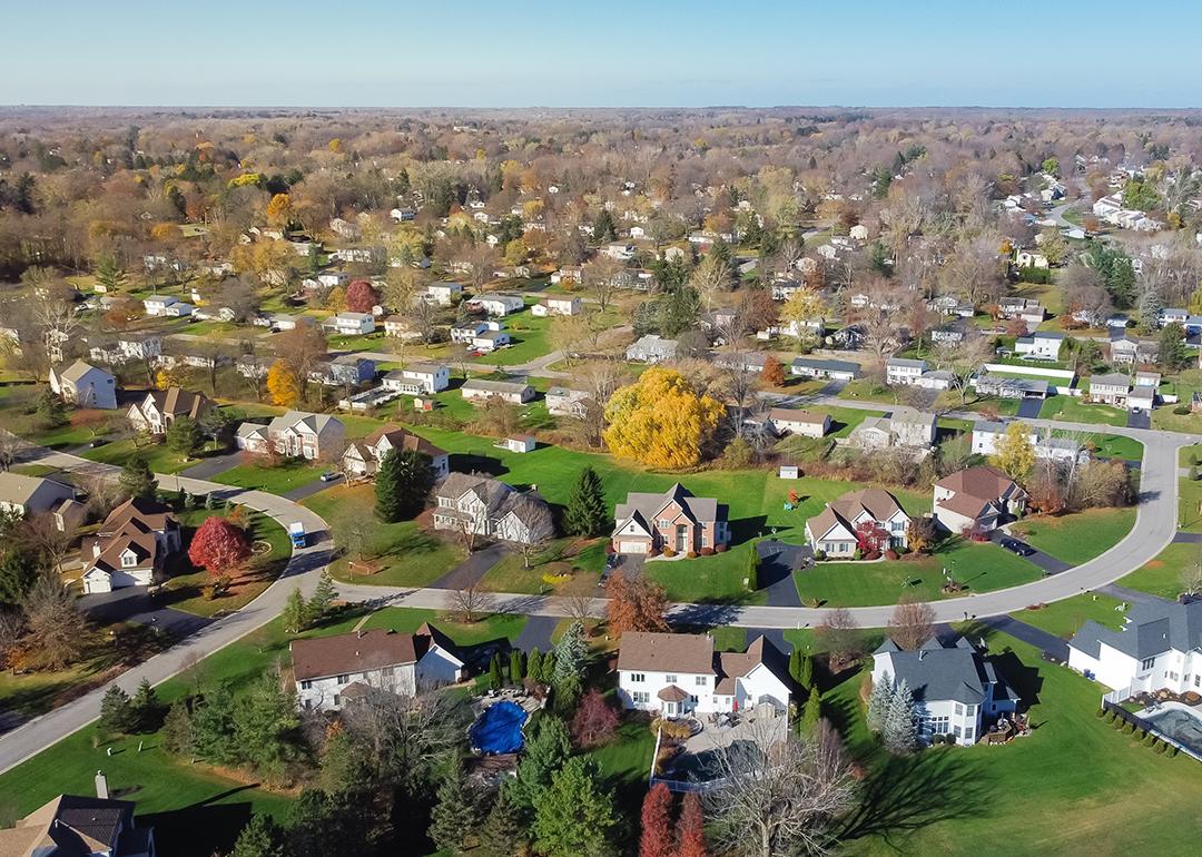 An aerial view of suburban residential homes in Rochester, New York.