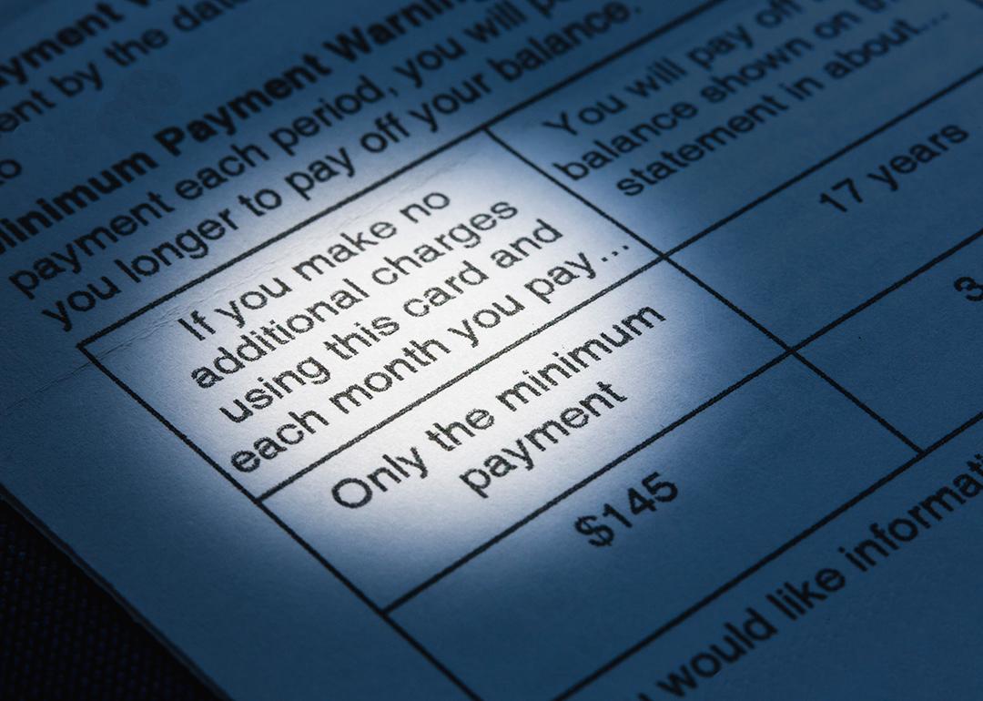A close up view on the minimum payment terms in a credit card bill.