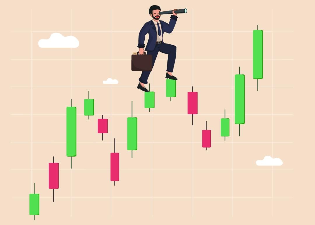Vector illustration of a businessman with a telescope standing on stock market candlestick chart.