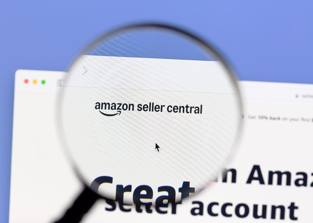 A magnifying glass over 'Amazon Seller Central' page.