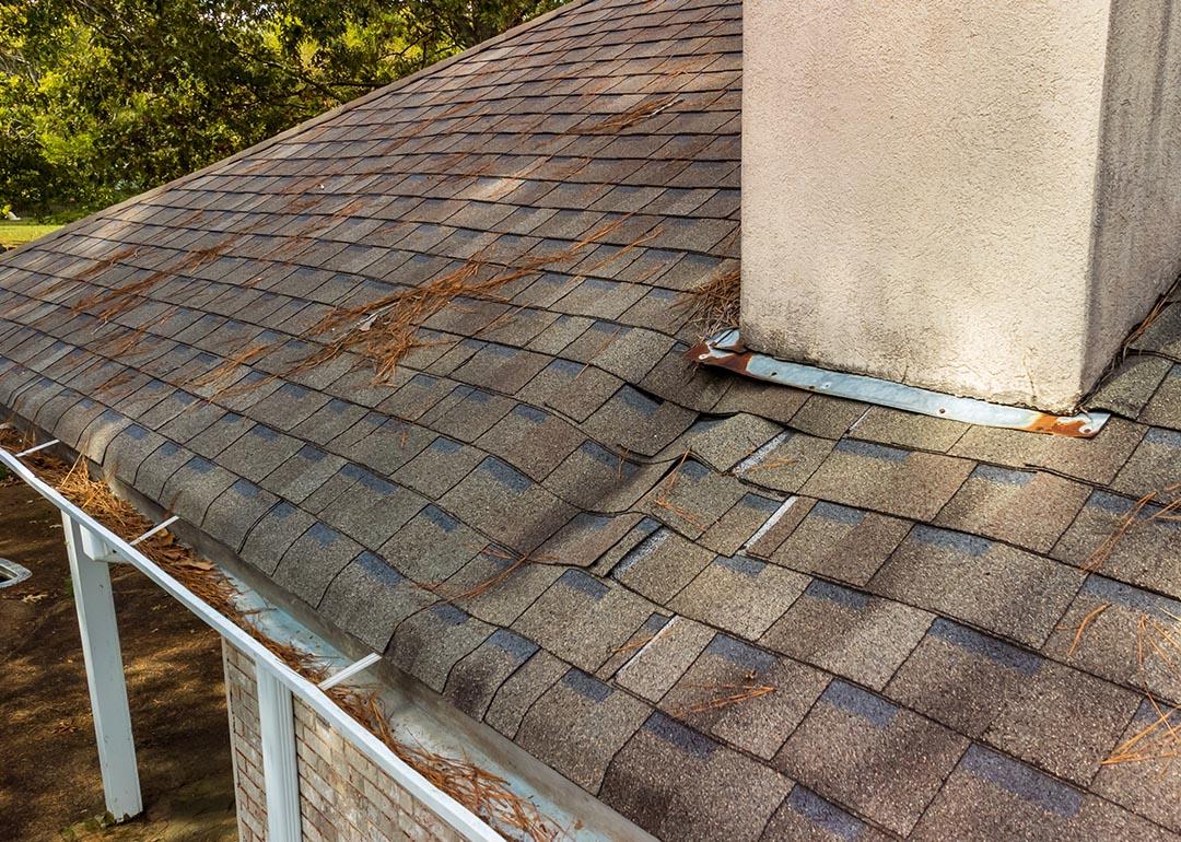 Roof and shingles damaged from water leak.