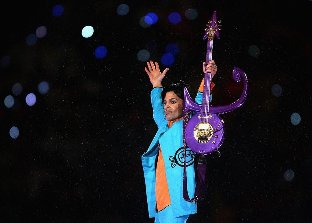 Prince on stage during the 'Pepsi Halftime Show' at Super Bowl XLI on February 4, 2007 at the Dolphin Stadium in Florida.