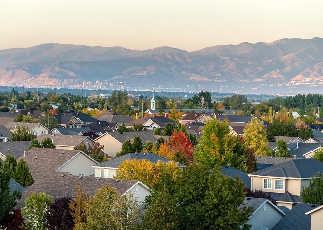A rooftop view of a suburban neighborhood in Salt Lake City, Utah.