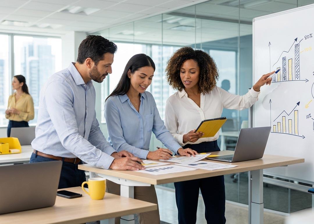 Sales team collaborating in a modern open-plan office in a sales team meeting.