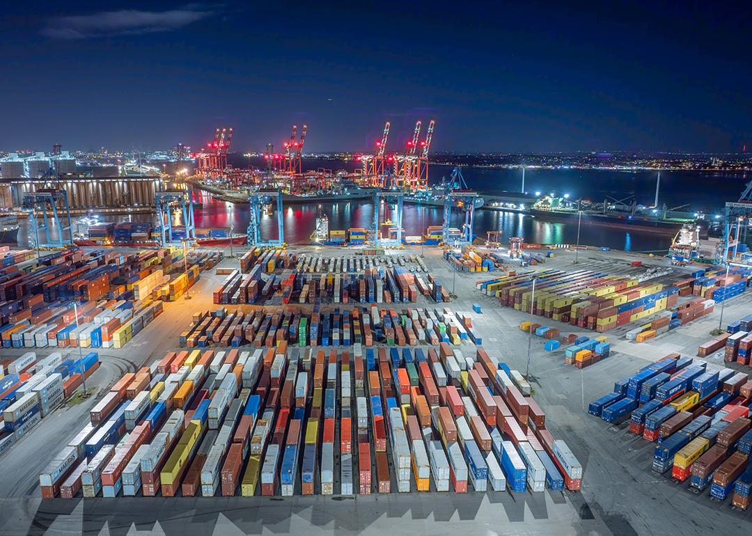 Aerial view of shipping containers in the Liverpool docks in England.