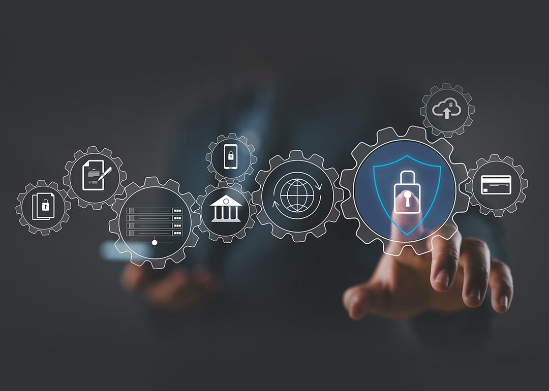 Businessperson navigating an illustration of cybersecurity management software graphics.