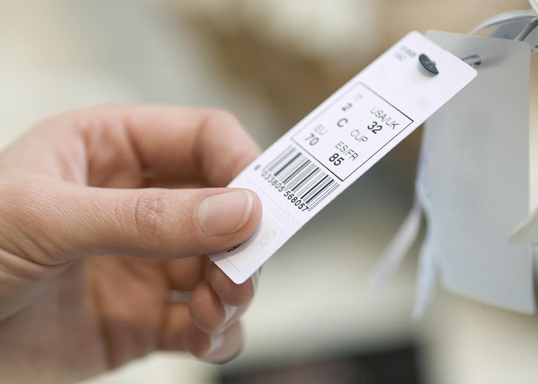 Close up on a woman's hand checking out a bra product tag.