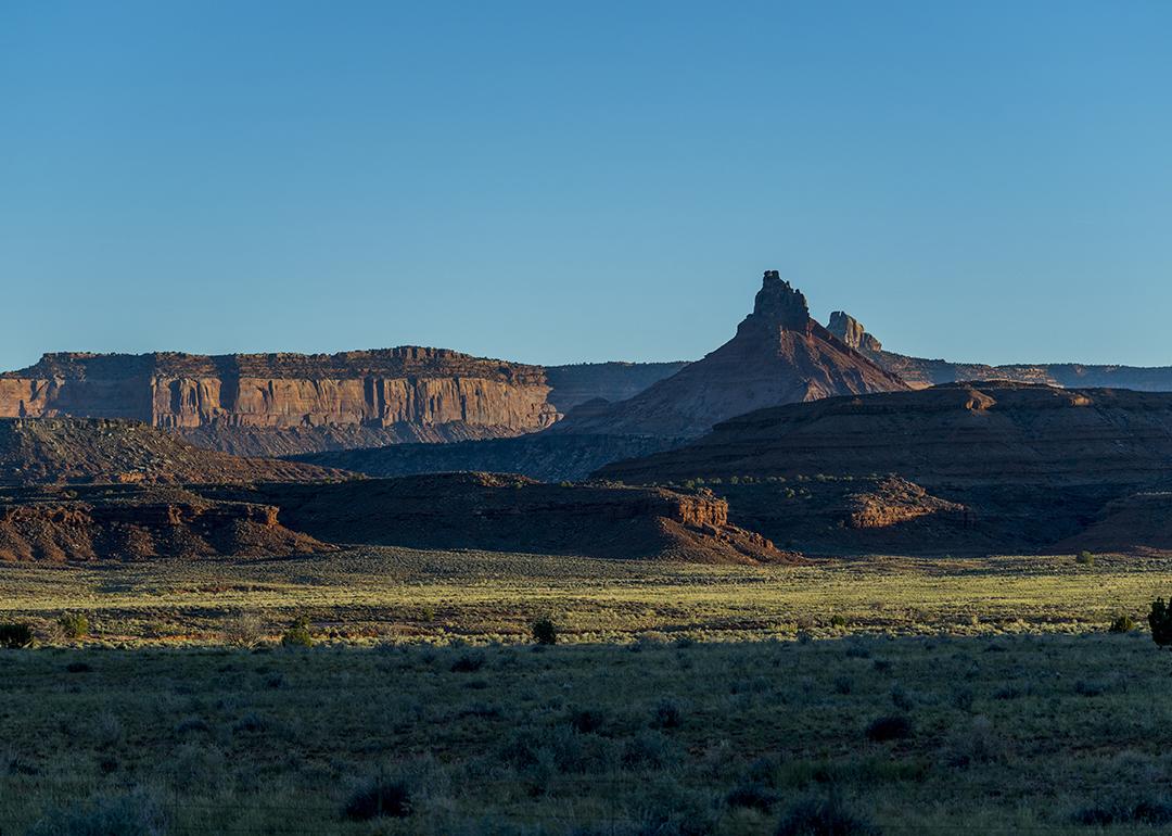 An evening view of the sandstone formations along the Indian Creek Corridor Scenic Byway (S.R. 211) in Bears Ears National Monument, Utah.
