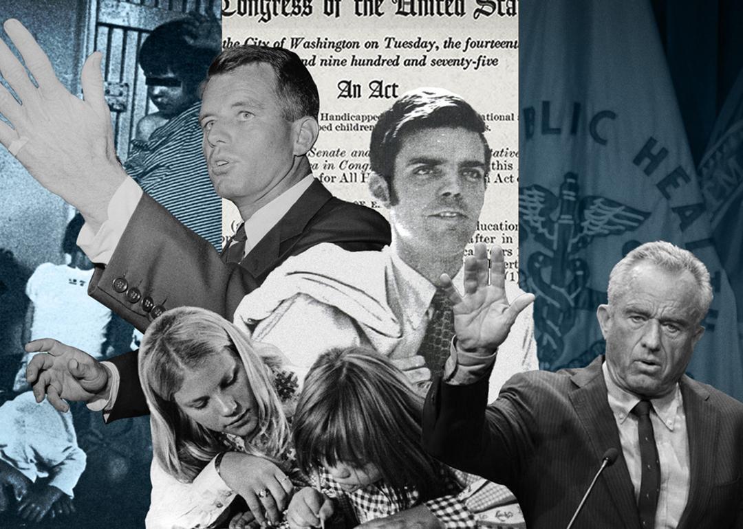 A custom collage showing prominent personalities and graphics related to the school-to-asylum pipeline in the 70s.