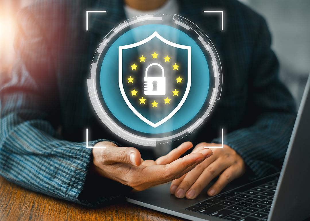 Concept of GDPR and data privacy represented by a digital lock and shield.