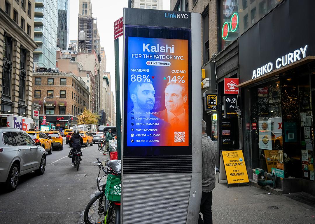A digital street advertisement by Kalshi promoting their service for betting in the 2025 New York City Mayoral election in New York.