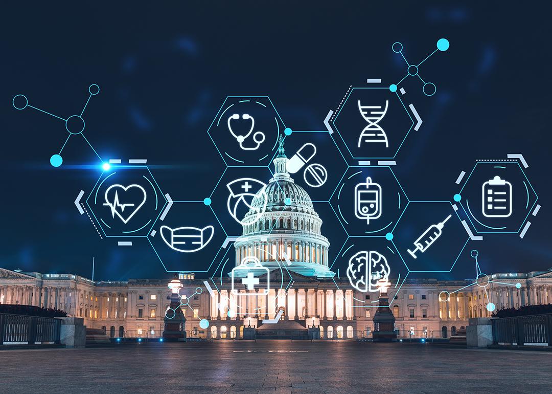 Front view of the Capitol Building in Washington, DC illustrated with digital healthcare network system graphics.