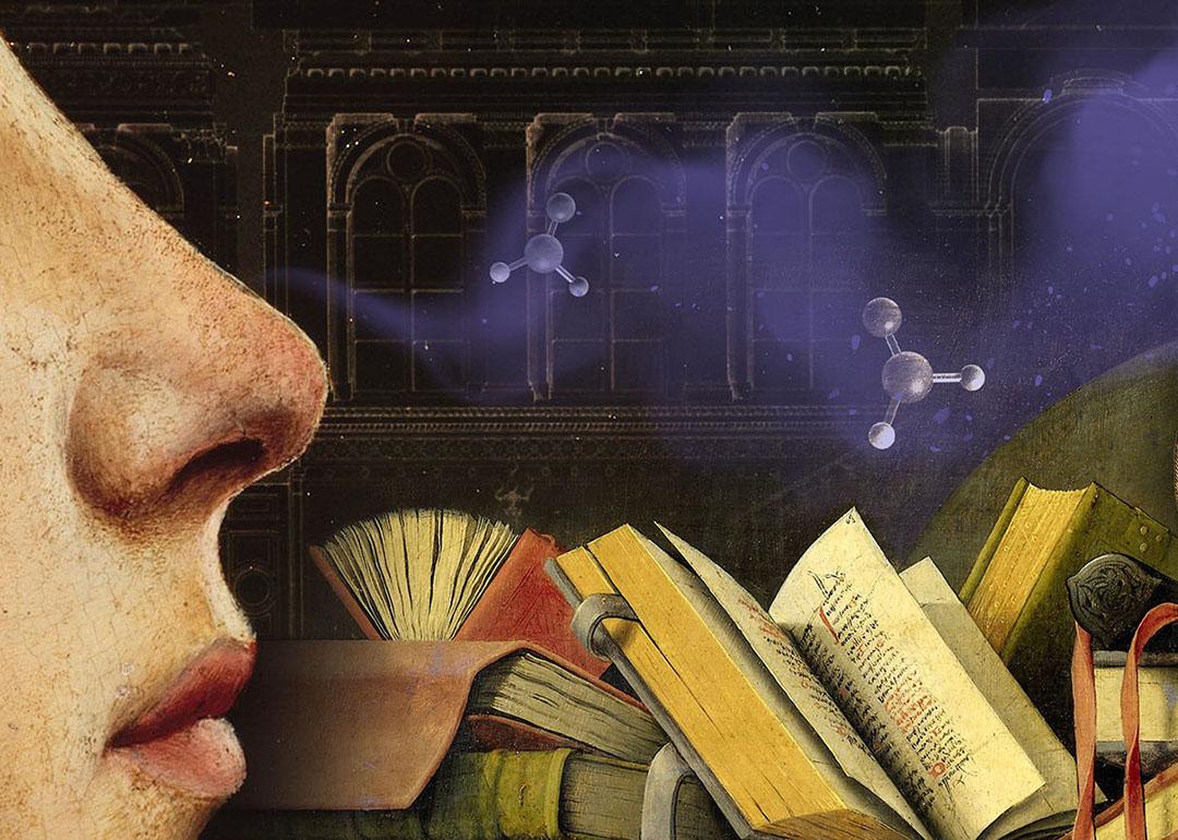 A custom collage-style graphic of historical paintings and artifacts illustrating the concept of smell throughout history.