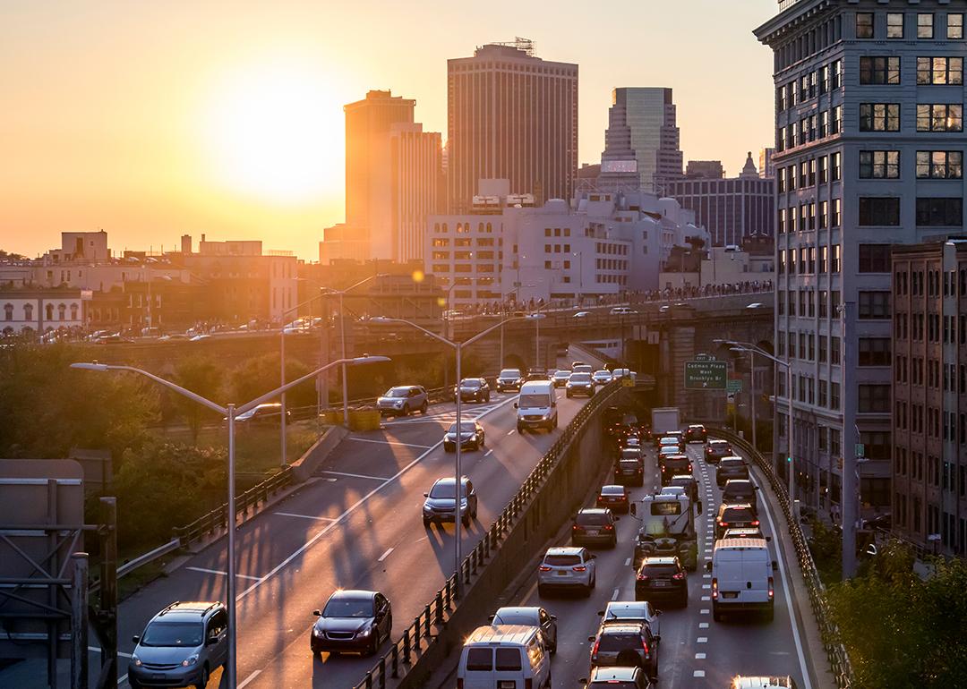 A view of rush hour afternoon traffic on the Brooklyn Queens Expressway in New York City.