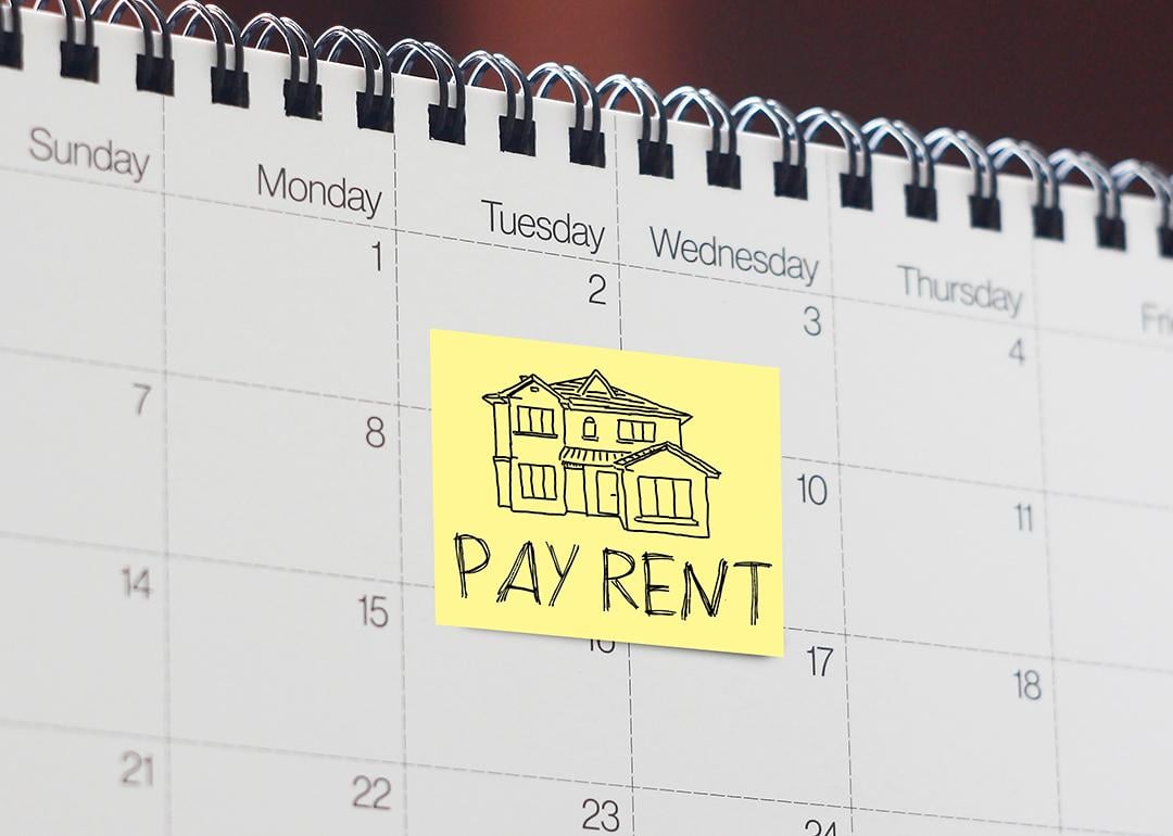 A note written with 'pay rent' as a reminder stuck onto a calendar.