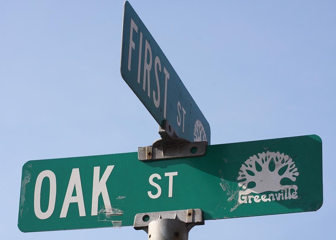 An intersection sign for a First Street and Oak Street.