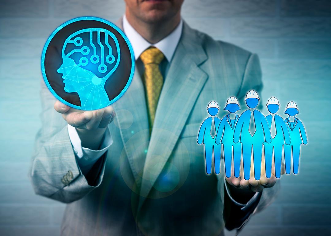 Businessman illustrated with graphics representing AI and human workforce, balancing it with both hands as a concept of AI adoption in the workplace.