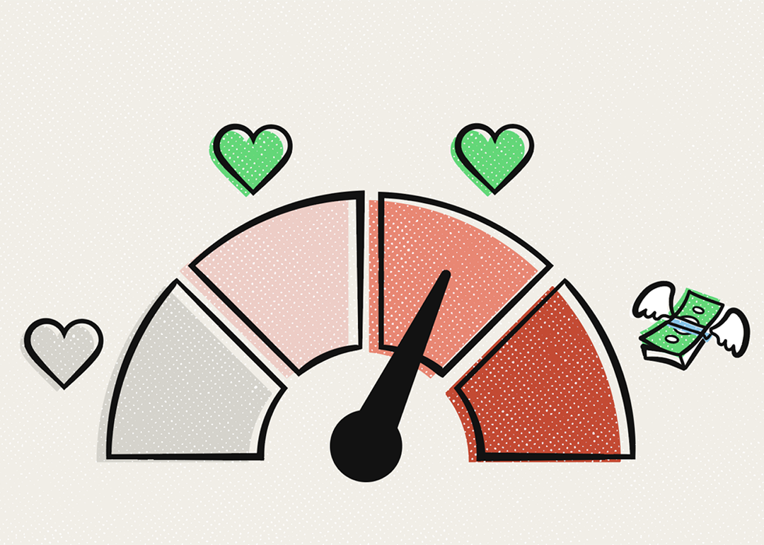 A custom illustration of a four-bar meter labelled with icons of hearts and cash, as a concept of measuring love and money.