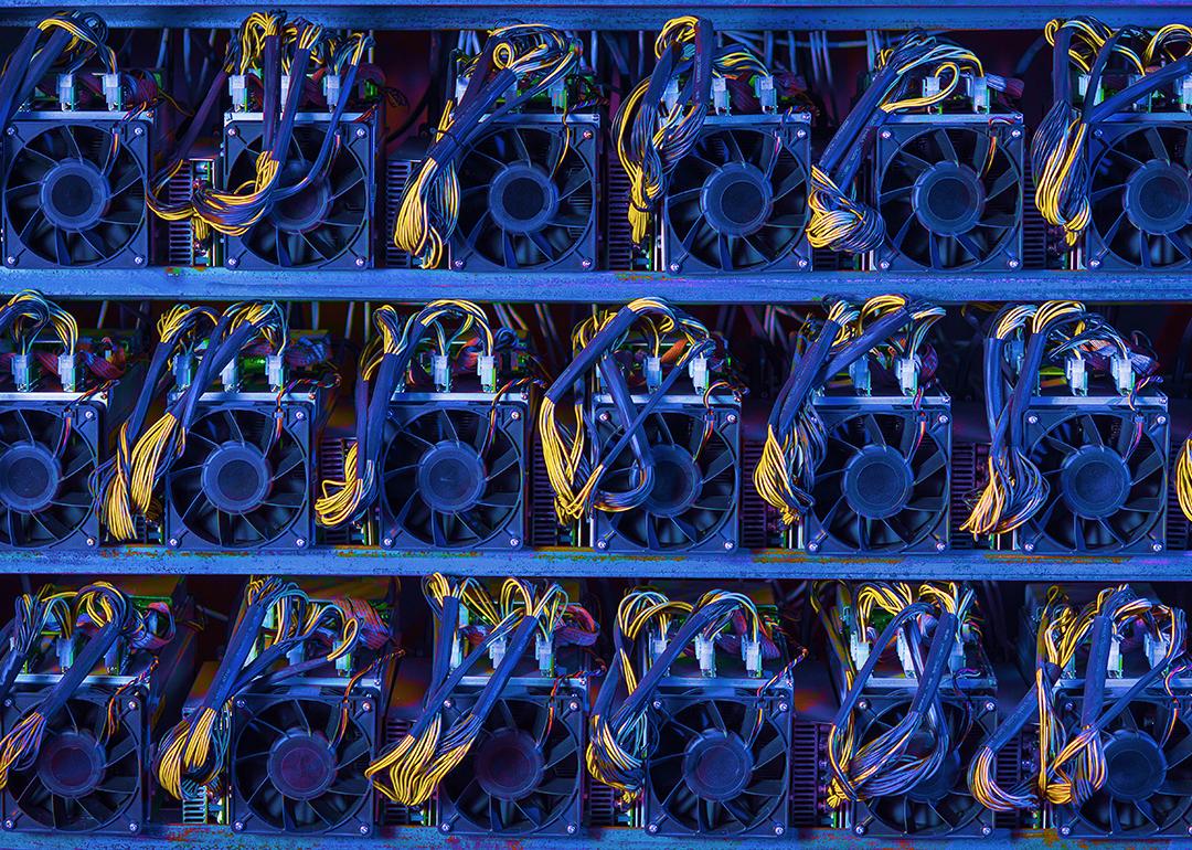 Fans powering a cryptocurrency farm.