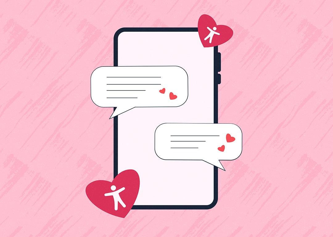 Smartphone illustration with chat bubbles and heart icons on a pink textured background, symbolizing communication and affection.