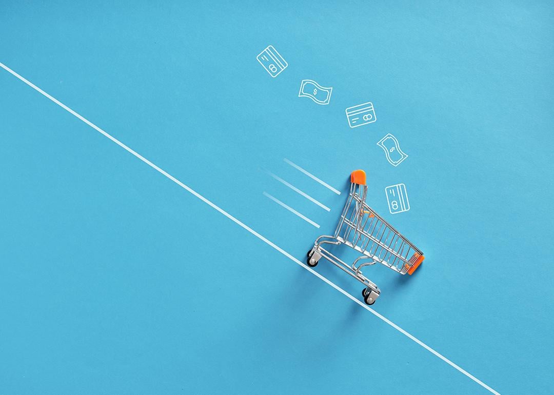 A shopping cart going down a line as a concept of fast shopping checkout.