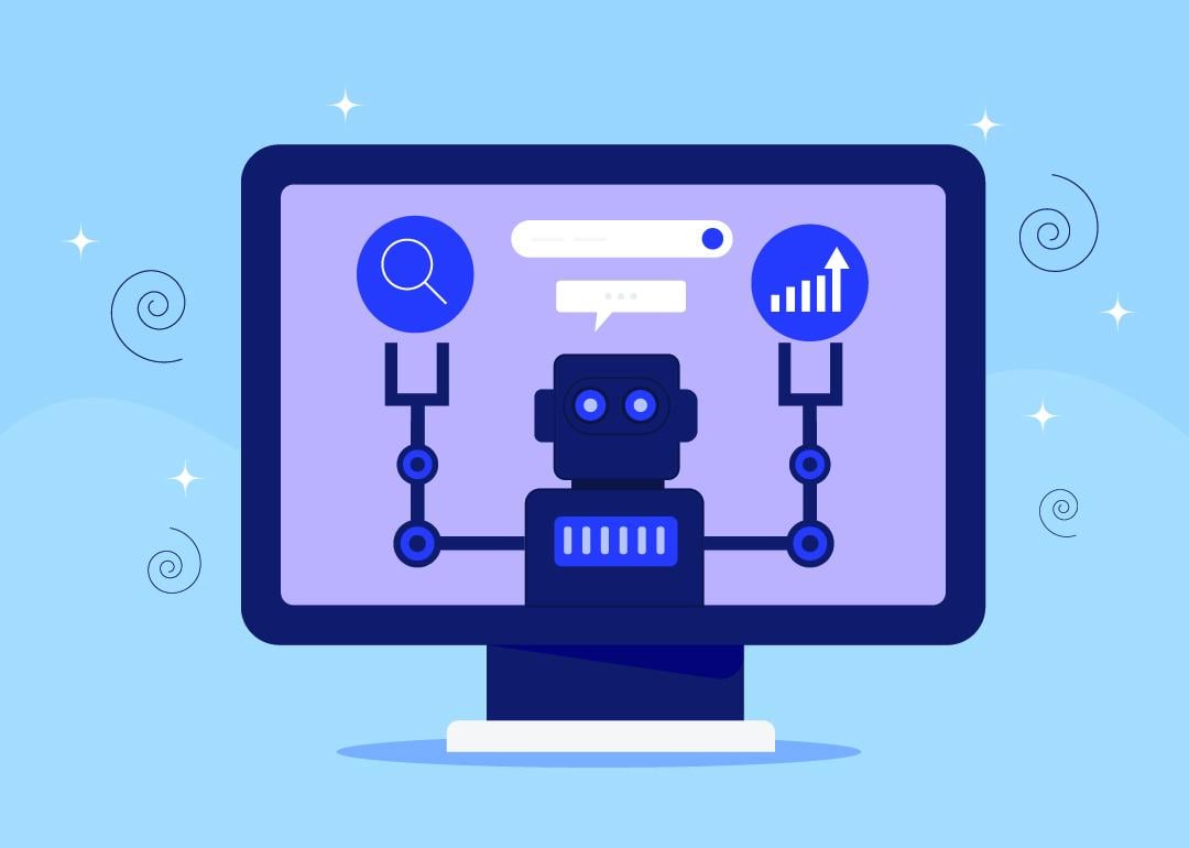 Vector illustration of a monitor displaying SEO and AI graphics.