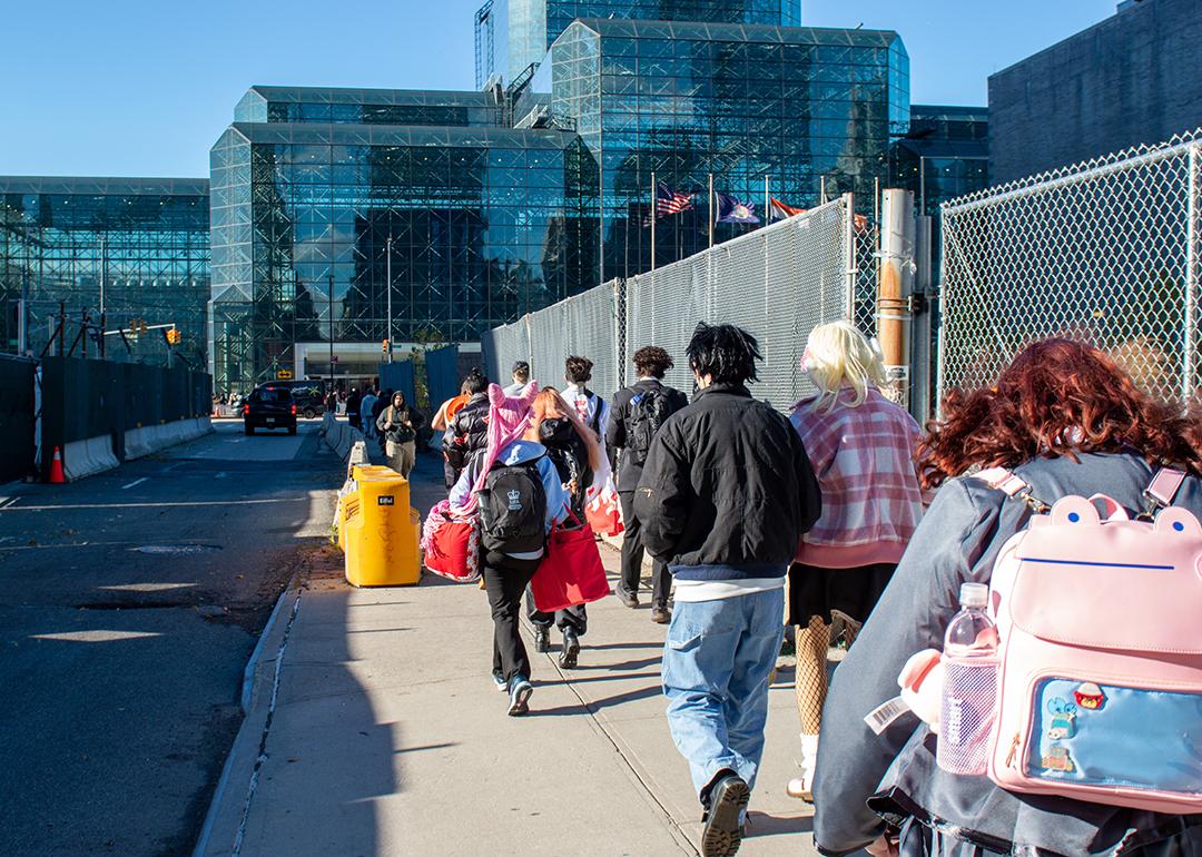 People lining up for Day 1 of a 3-day anime convention in New York City.