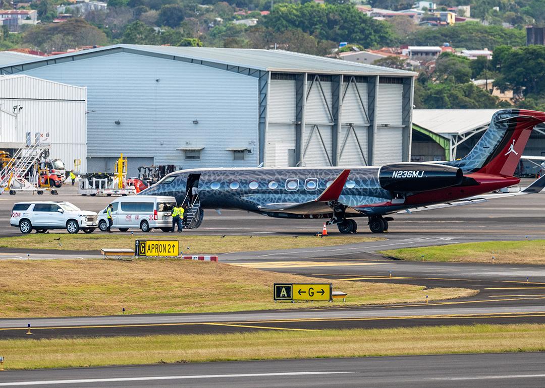 Former NBA Player Michael Jordan onboarding his custom plane N236MJ at Juan Santamaria International Airport in Costa Rica.