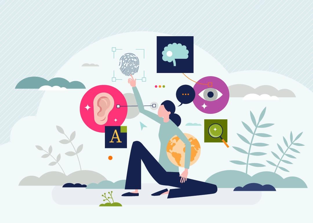 A vector illustration of a woman reaching out for internet graphics as a concept of web accessibility.