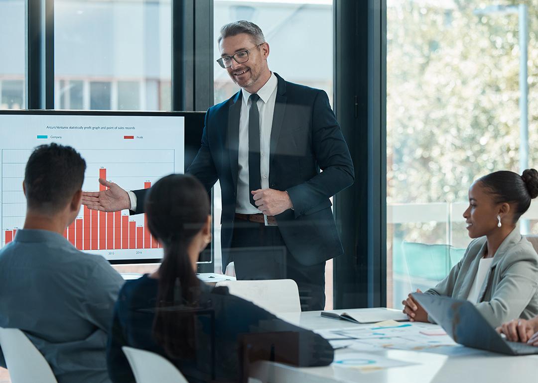 A CEO leading a business presentation in a boardroom.