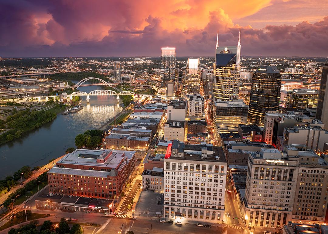 Aerial view of the high-rise buildings and waterfront area by the Cumberland River in Nashville, Tennessee.