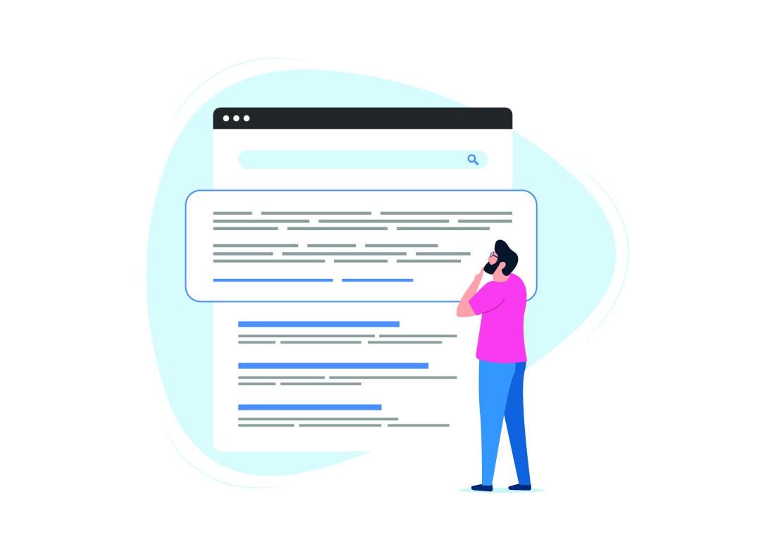 A vector of a person looking at search results page. 