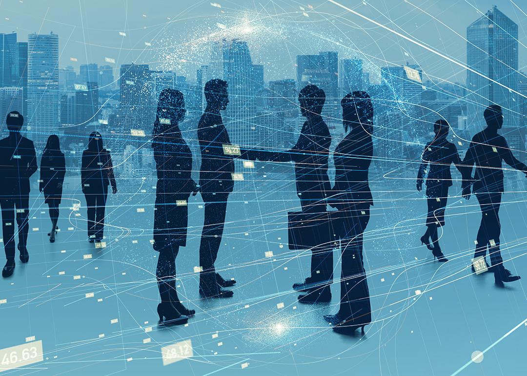 Digital illustration showing silhouettes of businesspeople meeting together and designed with network graphics.