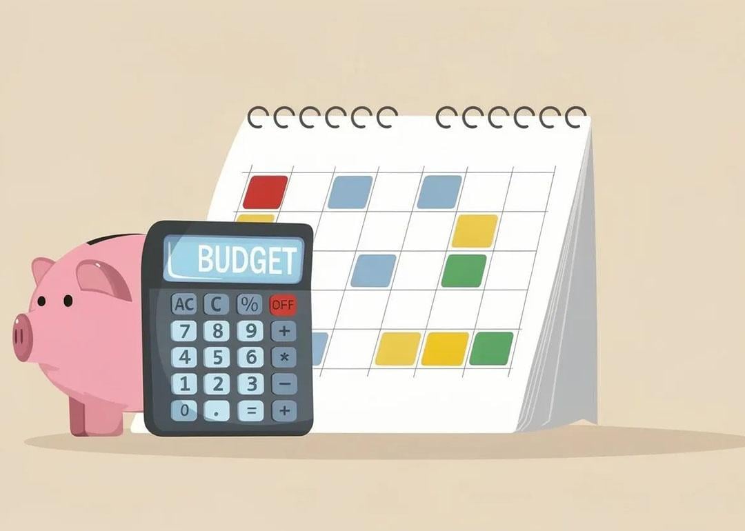 Concept of healthy money habits illustrated by monthly budget reviews with calendar, tagging expenses with color-coded categories, piggy bank and calculator with the word "budget" on the screen symbolizing keeping track of money. 