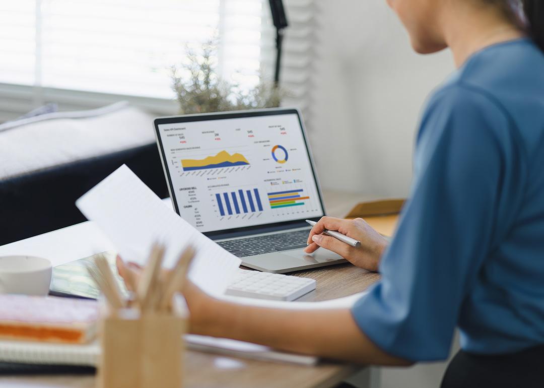 A female analyst working on dashboards and reports.