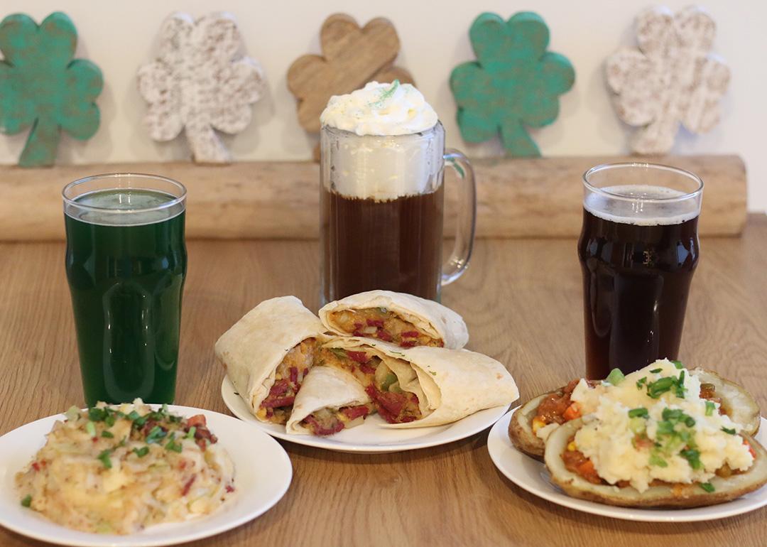 The top three St. Patrick's Day meals: Corned Beef Hash Breakfast Burrito, Loaded Colcannon, and Shepherd's Pie Potato Skins.