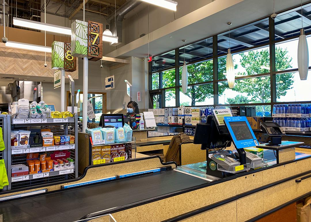 The checkout counter of a Whole Foods grocery store.
