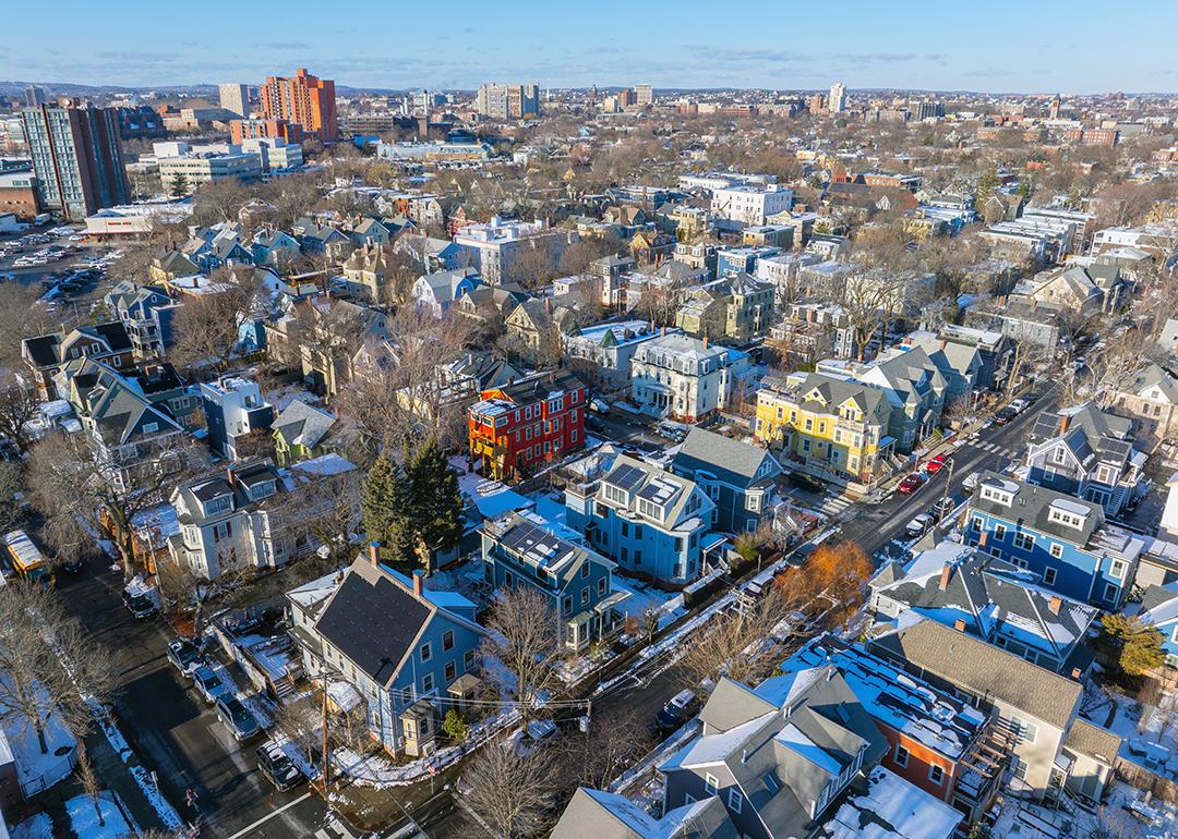 Aerial view of a residential area near Cambridgeport in Cambridge, Massachusetts.