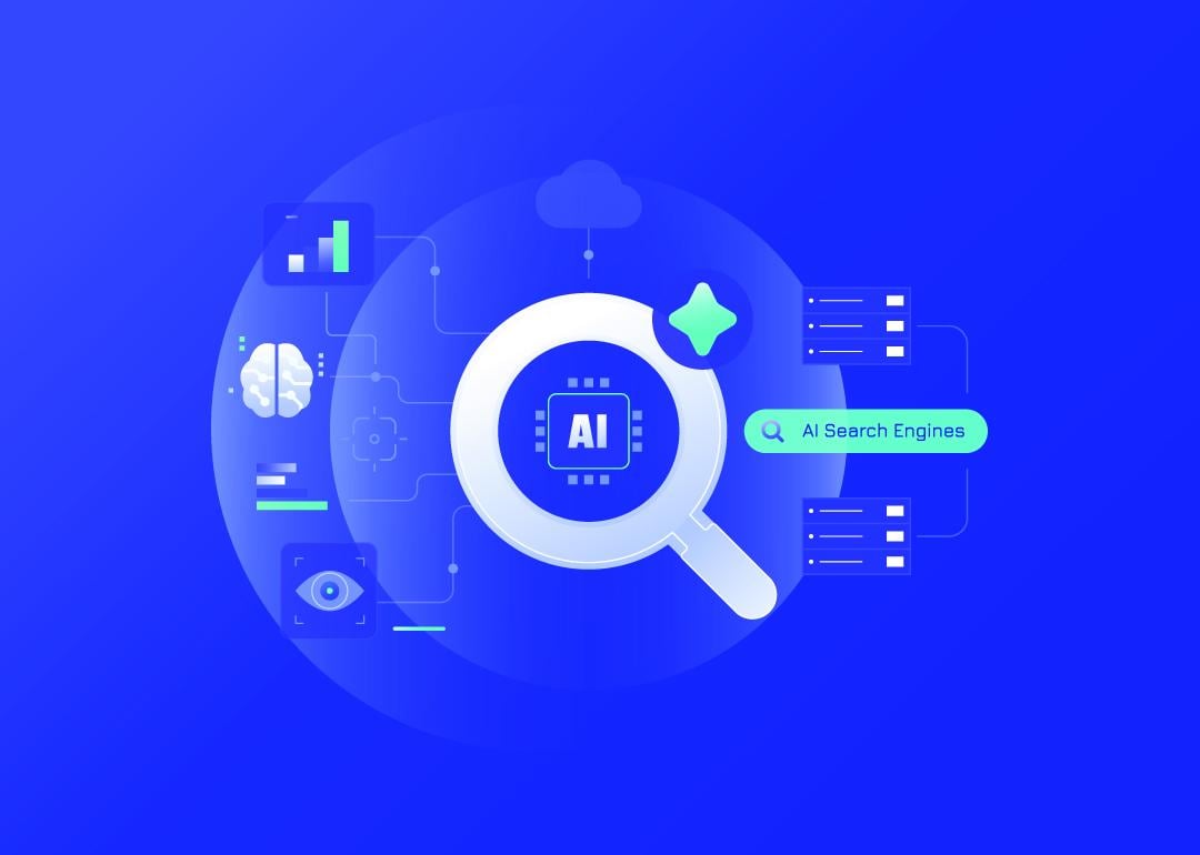 A vector illustration of a magnifying glass illustrated with network and AI search engine concept graphics.